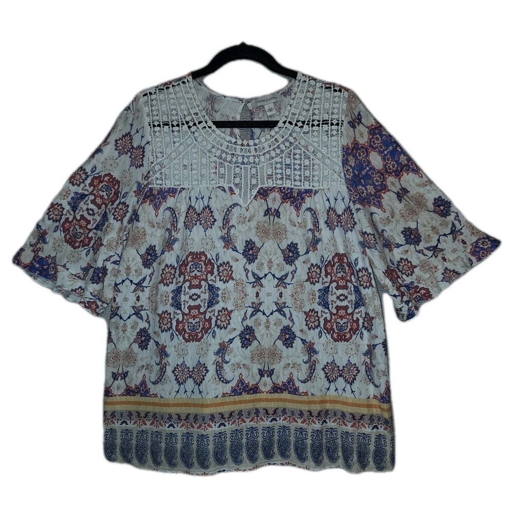 VINTAGE AMERICA Women's Large Peasant Blouse Floral Boho Top Crochet Lace Shirt